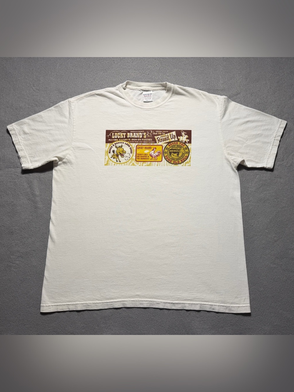 Vintage Lucky Brand Made USA T Shirt Men L Patch Round Up Western Y2K Graphic